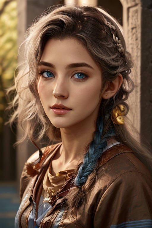 High quality art, Eladrin from dnd in her spring form, long blonde braidlem hair with blue stripes, white skin with small blue tattoes, beautiful blue eyes