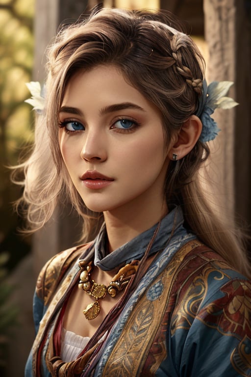 High quality art, Eladrin from dnd in her spring form, long blonde braidlem hair with blue stripes, white skin with small blue tattoes, beautiful blue eyes