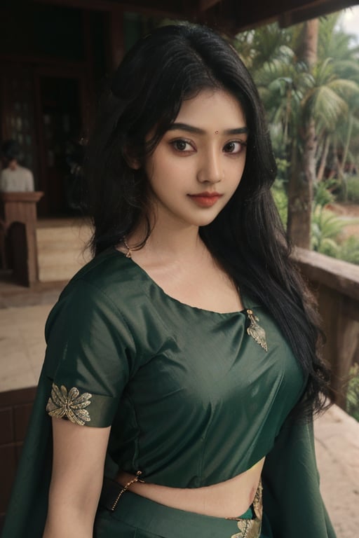 20 aged tamilnadu girl , curly black long hair , wearing green silk  saree , thick oval face , filled lips , temple , nomal breast , round ass , fit girl , wearing thin  jewels ,m4d4m,Indian,Anyageraldine