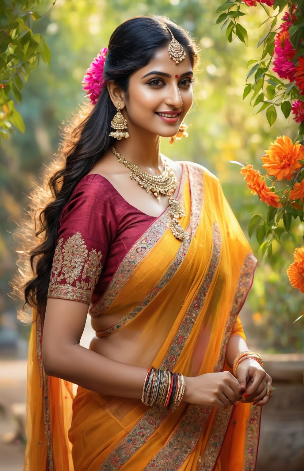 (best quality,4k,8k,highres,masterpiece:1.2),ultra-detailed,(realistic,photorealistic,photo-realistic:1.37), Indian girl with beautiful detailed eyes and lips, black hair, oval face, wearing fashionable eye glass, dressed in a colorful and elegant saree, dancing gracefully in a blooming garden, surrounded by vibrant flowers and tall trees, sunlight streaming through the leaves, casting a warm golden glow on her. The painting showcases a combination of realistic and artistic style, with vivid and saturated colors, capturing the essence of Indian culture and the joy of dance.