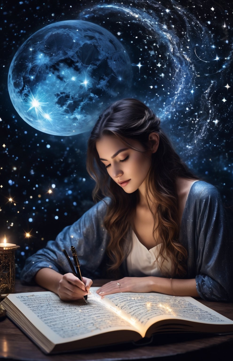 (best quality,4k,8k,highres,masterpiece:1.2),ultra-detailed,realistic,photorealistic:1.37,A girl writing with a quill dipped in stardust, creative energy flowing through her hands,bursting with inspiration and imagination,meticulously detailed hands,delicate quill pen,ornate inkwell adorned with stars,soft glow of moonlight casting a magical ambiance,graceful calligraphy,ink transforming into constellations on the page,words forming a celestial dance,a galaxy of poetic verses unfurling,cosmic backdrop of stars and galaxies,cosmic ballet of words and universe,intertwined with the essence of night,writing on the edge of infinity,an ethereal symphony of creativity and dreams,ink blending with the night sky,stardust settling on the pages,unleashing dreams and visions,divine connection between Luna and the universe,harnessing the power of the cosmos with each stroke,hope and wonder woven into every word,promising a journey through the realms of imagination,where dreams take flight.