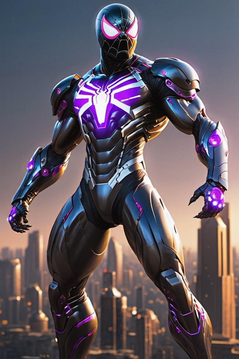 Embark on a futuristic adventure with this prompt: "Imagine a beautiful biometric glowing shiny smooth glassy hi-tech cybernetic robotic black-purple Spiderman Hi-Tech muscular armor suit. Challenge artists to incorporate hi-tech glowing heavy muscular armor, hi-tech sharp claws, and a perfect helmet into the design. Set the scene against a futuristic city backdrop, emphasizing the full body Hi-Tech muscular heavy armor, perfect Hi-Tech shoes, and infuse the composition with the captivating style reminiscent of sci-fi fantasy movies style. Encourage artists to craft a visually stunning and high-detailed image masterpiece that captures the essence of futuristic prowess and style.",Zombie,mecha,aw0k magnstyle,DonMDj1nnM4g1cXL 