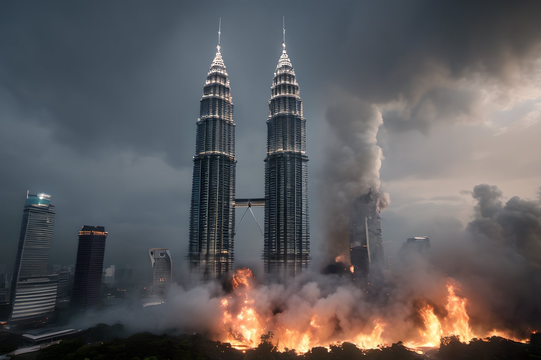 A photorealistic image of a Petronas Twin Towers, falling down burning and dark explosive enviroment capture by digital camera Fujifilm x100, landscape photography, 8k, unreal engine, masterpiece,detailmaster2