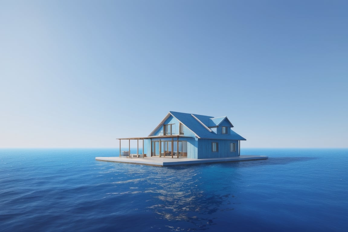 a house in middle of sea, blue sea,  masterpiece photography, morning, minimalist, 3d, blender, render