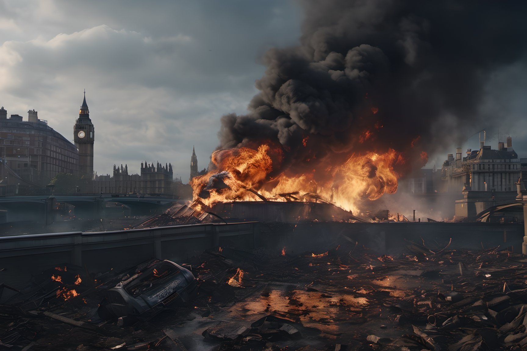 A photorealistic image of a London England, falling down burning and dark explosive enviroment capture by digital camera Fujifilm x100, landscape photography, 8k, unreal engine, masterpiece,detailmaster2