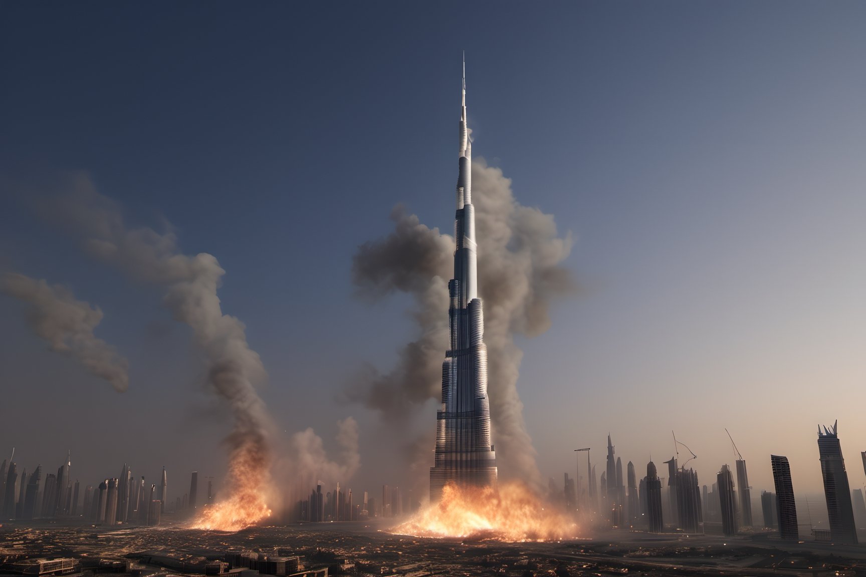 A photorealistic image of a Burj Khalifa Towers, falling down burning and dark explosive enviroment capture by digital camera Fujifilm x100, landscape photography, 8k, unreal engine, masterpiece,detailmaster2