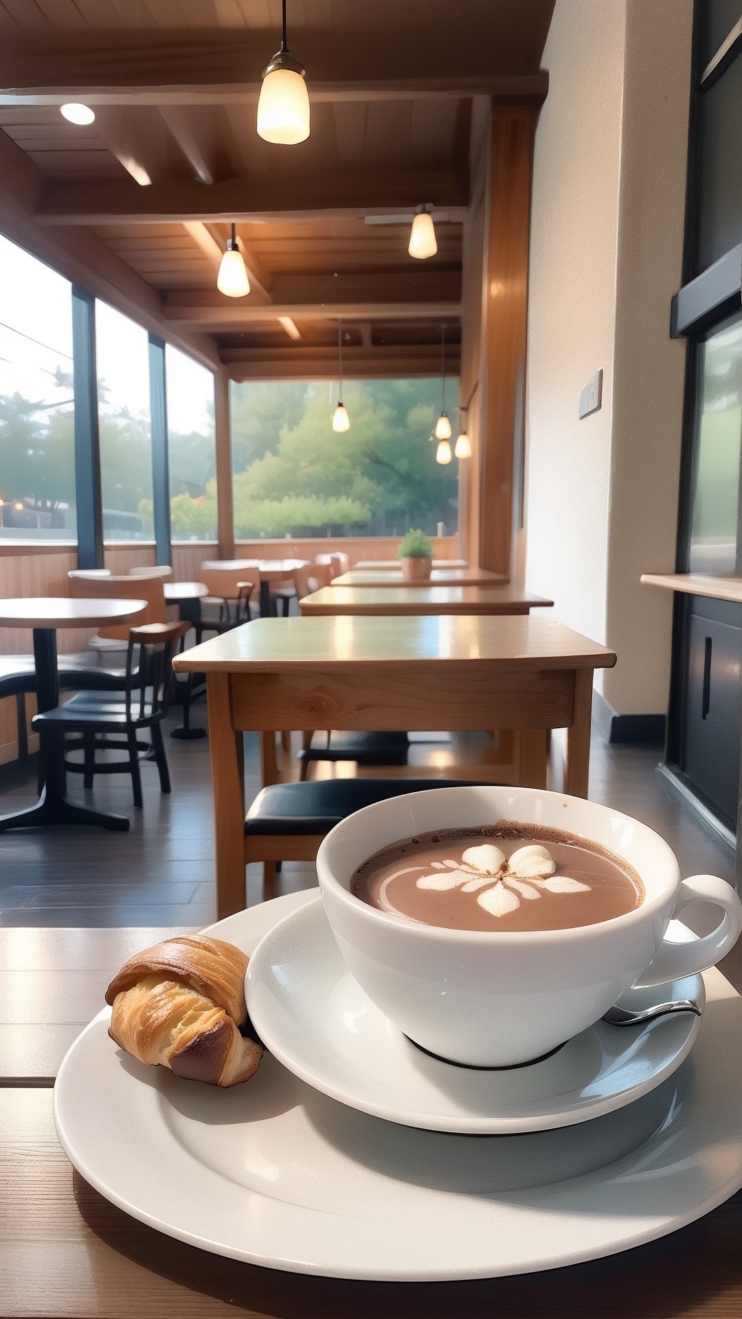 croissant and a cup of hot chocolate, on a table, cafe, 