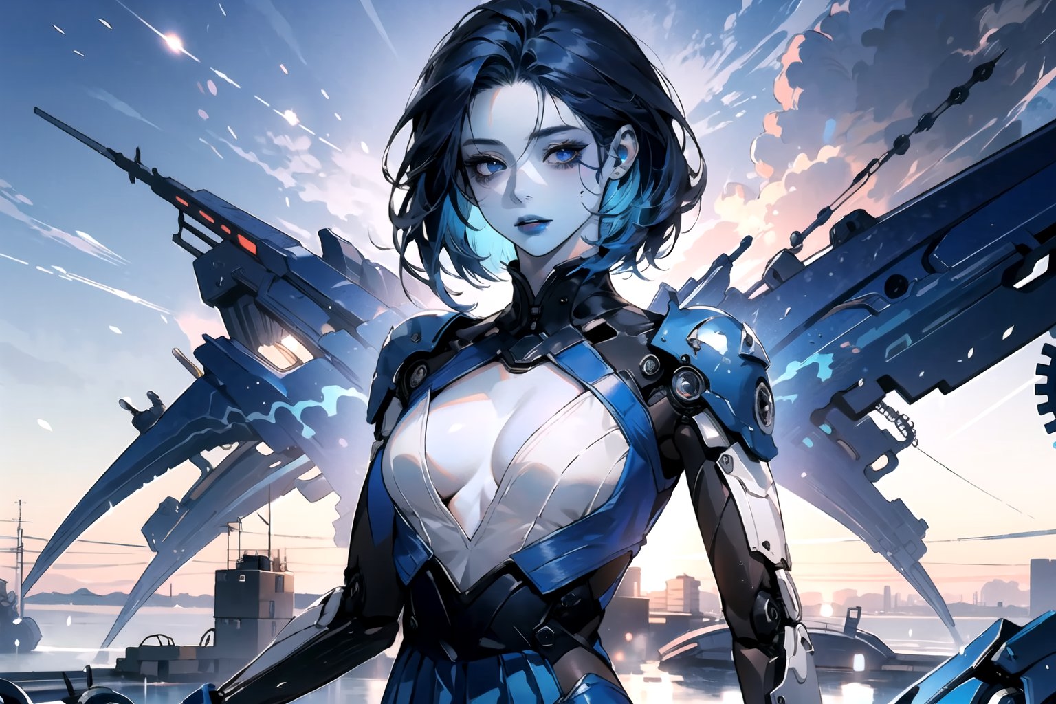 1girl, ((Dark blue hair)), (((Blue skin))) ,(((Mechanical body))), shot hair, blue eyes, masterpiece, full_body_shot, mist and fog , (blue_clothes), little girl , multicolour chest pleated 