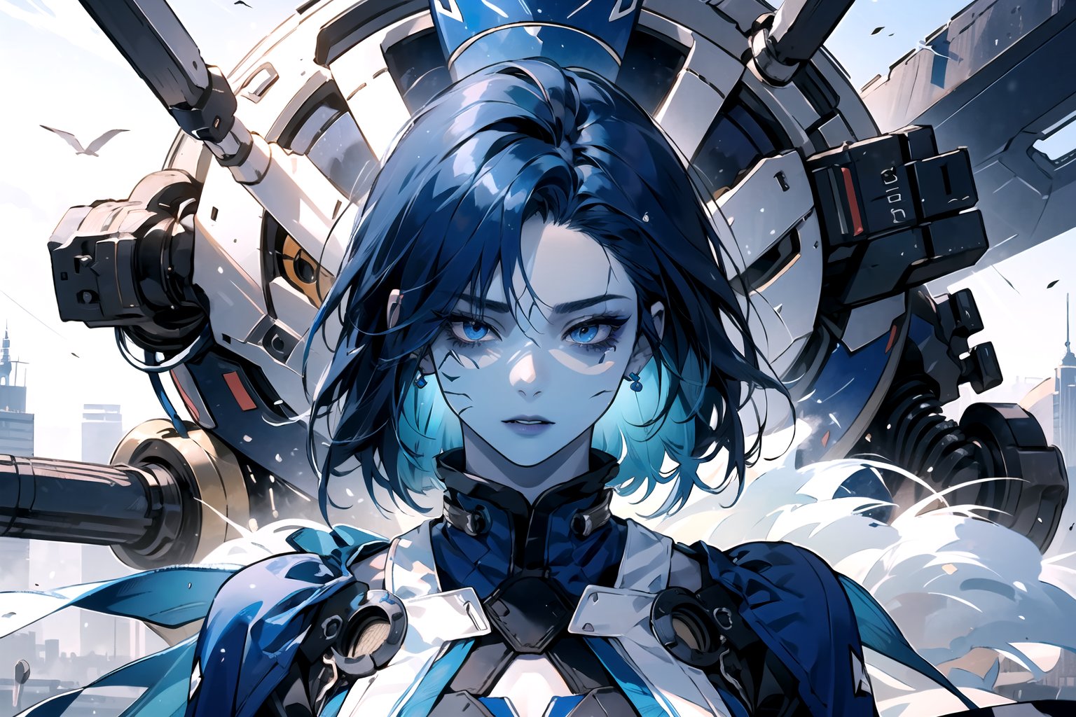 1girl, ((Dark blue hair)), shot hair, blue eyes, masterpiece, full_body_shot, mist and fog , (blue_clothes), little girl , multicolour chest pleated , (((Blue skin))) ,(((Mechanical body)))
