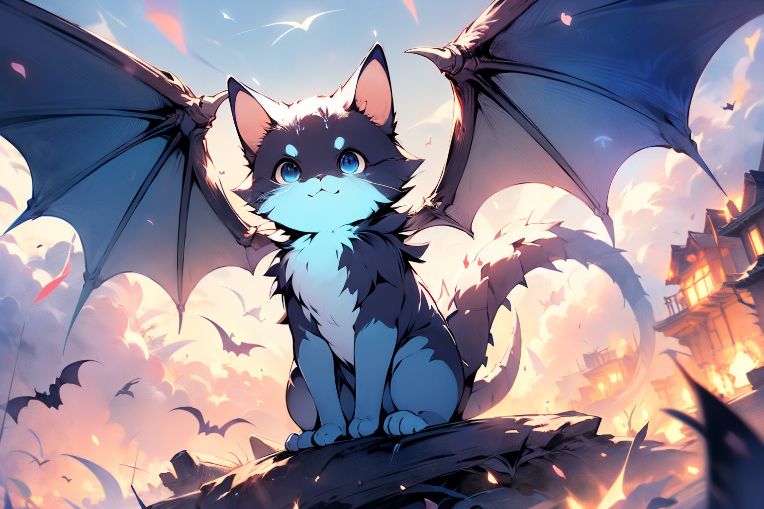 solo, (((Blue body))), ((Blue bat wings)),Blue eyes,Dragon Hill, Dragon tail, mist and fog, small, cute