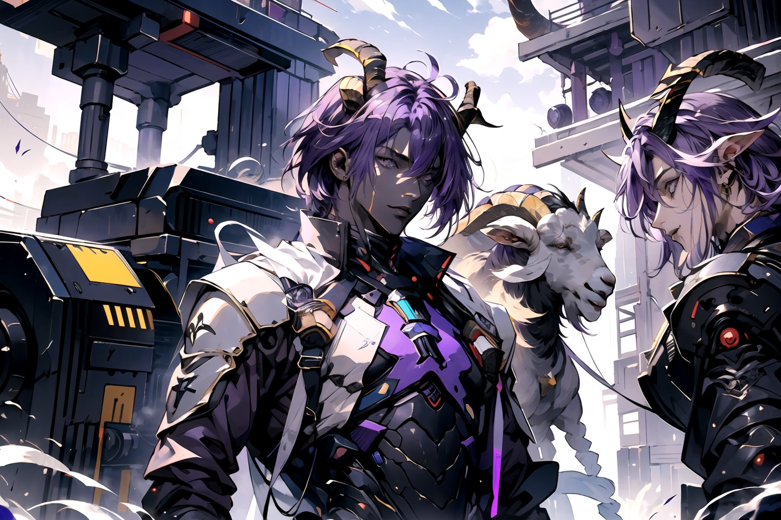 1 male, ((purple hair)), (black eyes), masterpiece, full_body_shot, mist and fog , (purple_clothes) , multicolour chest pleated, (((black skin))) , (((purple Mechanical body))) , (((There are goat horns)))