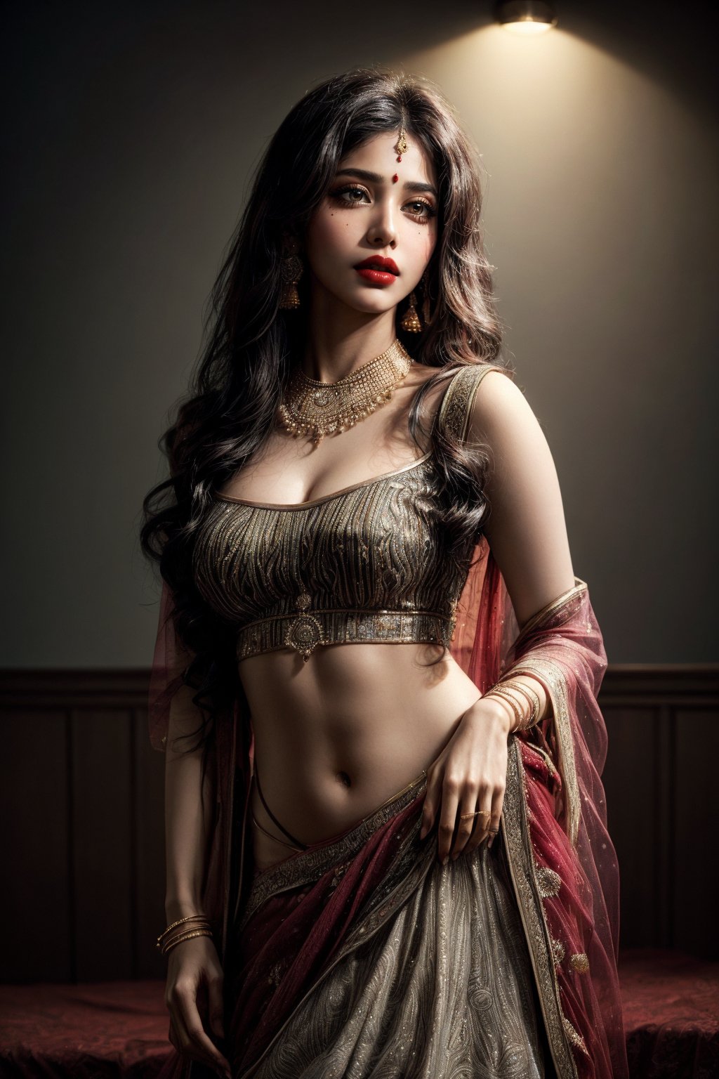 sexy Indian dame, (Janhvi Kapoor:1.4), princess, 20 years old, bold Bollywood actress, nymph, nymphomaniac, pure untouched wild beauty, fashion model, diva, kamasutra, seductress, femme fatale
very pretty face, red lips, long doe like intoxicating eyes with mascara, blush, (one side parted curly long hair:1),
(intricate pattern Indian dress:1.1), (exquisite design Sabyasachi lehenga:1.2), (exquisite design deep neck Sabyasachi blouse:1.2), indian jewelry, sexy fit body, small medium breasts, (thighs:1.2)
detailed saturated skin, silhouette, subsurface scattering, (realistic textures:1.4), soft focus, (wild flowers background:1.2),
sexy sensual fashion dynamic pose, medium long shot, cinematic shot, centre composition,
soft lighting, atmospheric lighting, Photorealistic, Hyperrealistic, Hyperdetailed, ultra realistic, heavy shadow, 
masterpiece, best quality, 8k, golden ratio, Intricate, (beauty filter:1.2), film photography, award winning photography, film grain, Fujifilm XT3, dslr, fcHeatPortrait, ,dark studio,arshadArt