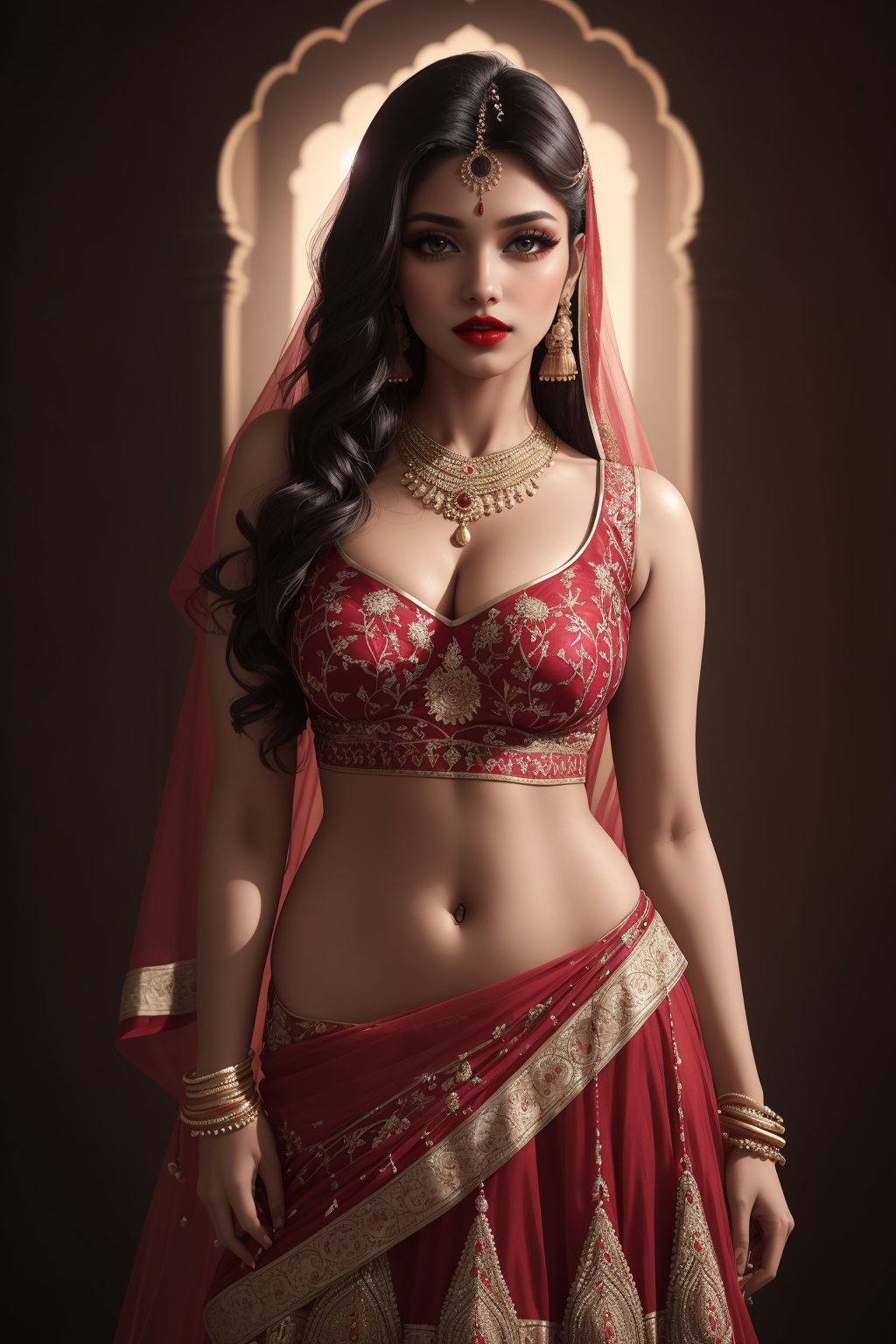 sexy girl, (Indian sexy babe:1.1), 20 years old, Amy Jackson, bold Bollywood bride, erotic, seductress, instagram model, kamasutra, celestial, romantic, red lips, long doe like intoxicating eyes with mascara, blush, (one side parted disheveled curly long hair:1), sexy fit curvy body, sexy Indian embroidery outfit, (Sabyasachi embroidery lehenga:1.1), (deep neck Sabyasachi embroidery blouse:1.1), (thighs:0.5), (cleavage:0.9), (perky breasts:0.5), sexy sensual standing dynamic pose, medium long shot, cinematic shot, atmospheric lighting, Photorealistic, Hyperrealistic, Hyperdetailed, detailed saturated skin, soft lighting, subsurface scattering, (realistic textures:1.3), heavy shadow, masterpiece, best quality, ultra realistic, long medium shot, centre composition, 8k, golden ratio, Intricate, (romantic film grading:1), film photography, award winning photography, soft focus, dynamic abstract  background, fcHeatPortrait, ,dark studio,arshadArt,Indian