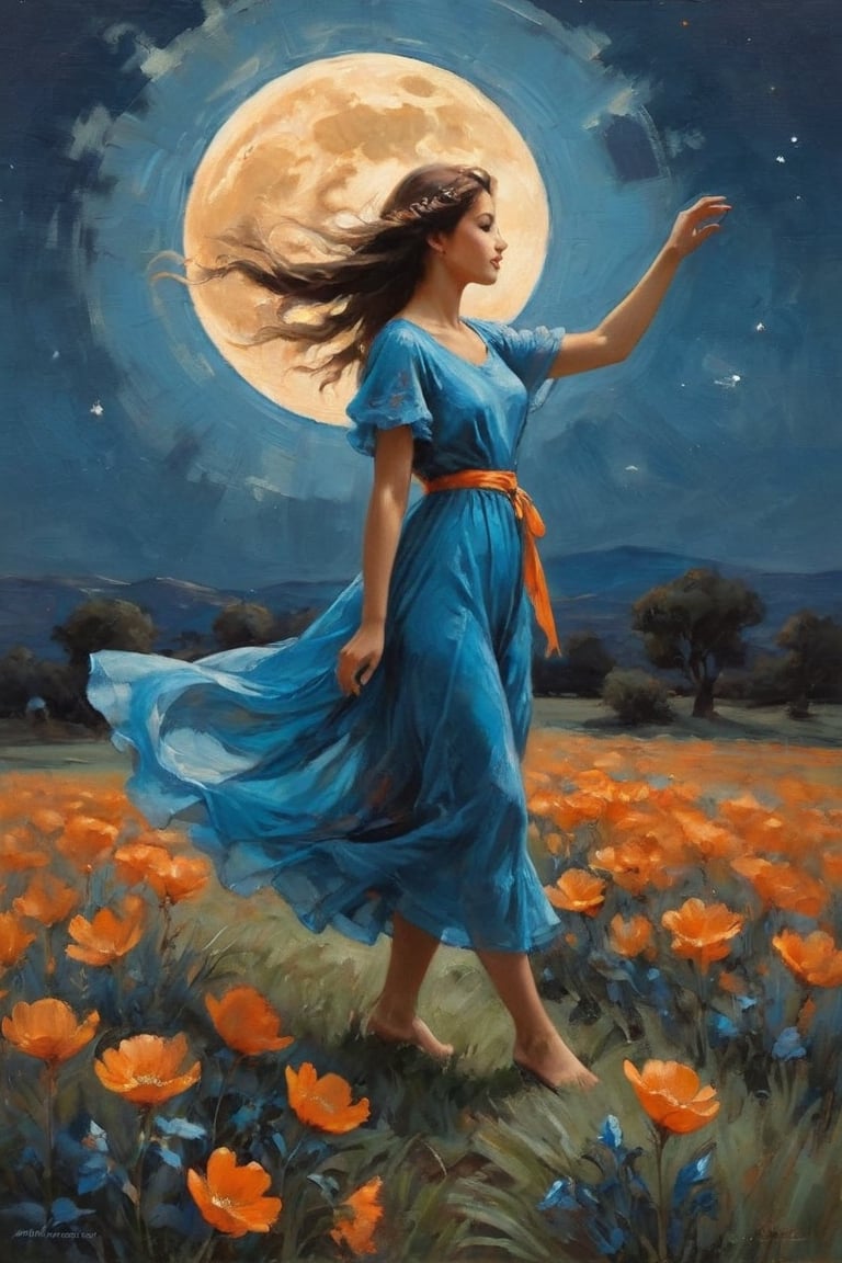 a painting of a girl walking in a field under a full moon, in the style of graceful movement, orange and azure, phoenician art, flower power, realistic yet romantic, pictorial fabrics, dance