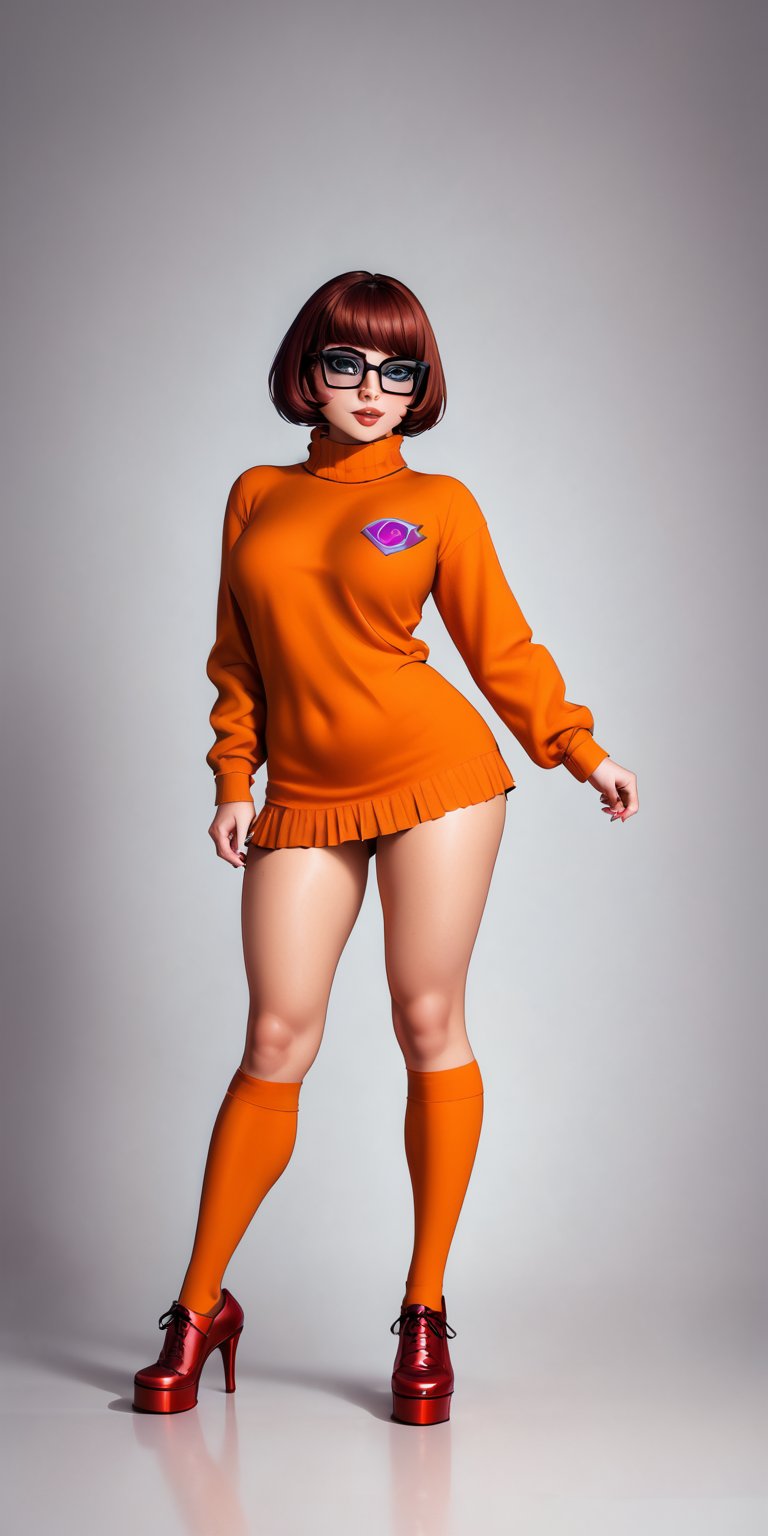 velma from scooby-doo, beautiful charismatic girl, showing piercing, athletic body, a woman an orange top, gorgeous figure, interesting shapes, full body shot, goth style, dark eye, in the style of jessica drossin, life-size figures