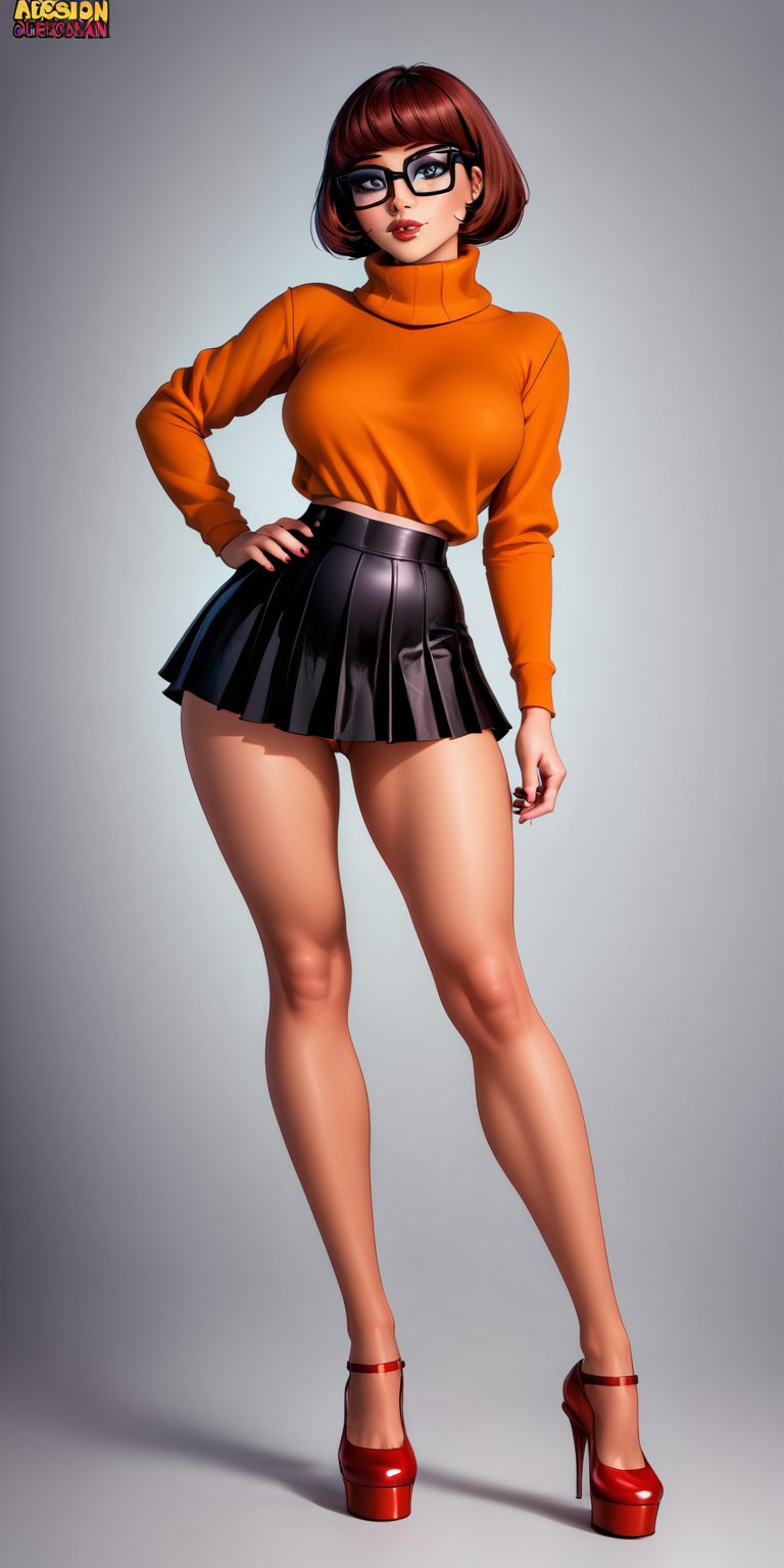 velma from scooby-doo, beautiful charismatic girl, showing piercing, athletic body, a woman an orange top, gorgeous figure, interesting shapes, full body shot, goth style, dark eye, in the style of jessica drossin, life-size figures