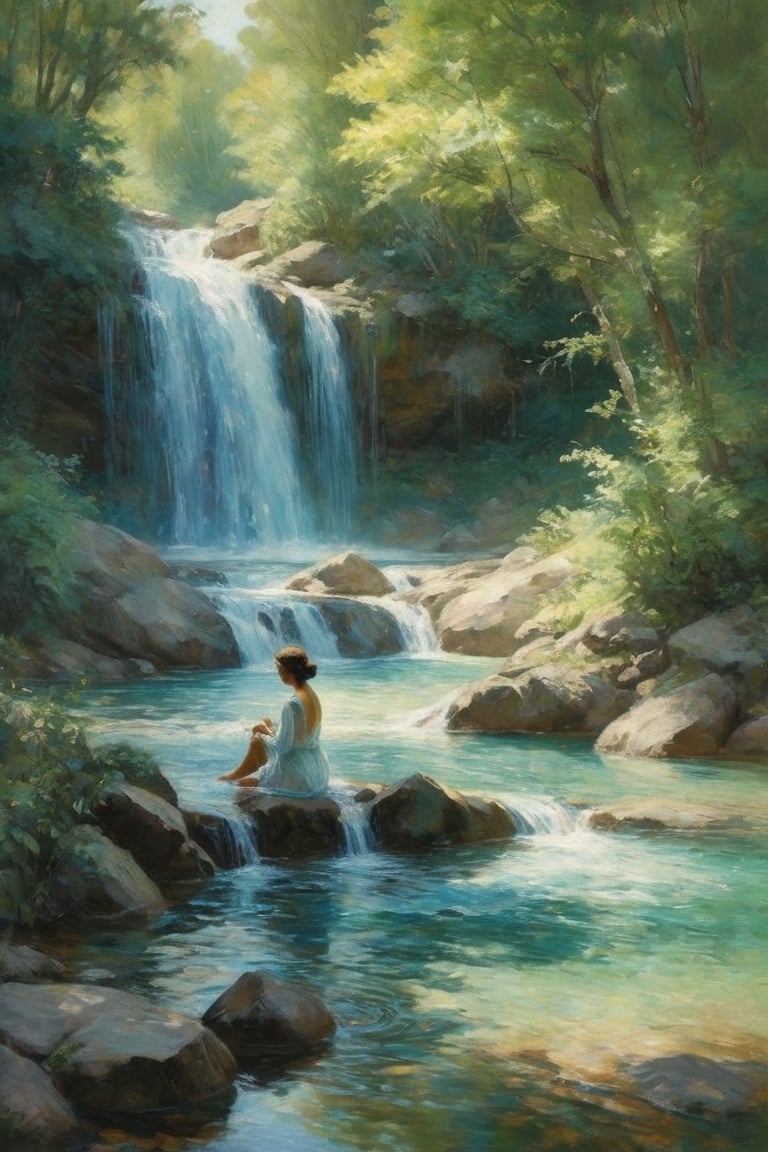 The painting depicts a serene scene of a woman bathing in a shimmering waterfall, her translucent garments clinging to her body as she bathes in the cool, crystal-clear water. The sunlight filters through the trees, creating a dappled effect on the cascading water and illuminating the woman's figure. The artist has captured a sense of tranquility and beauty in this peaceful moment, inviting the viewer to pause and appreciate the natural grace of the woman and the surrounding landscape. The colors are rich and vibrant, with the greens of the foliage and the blues of the water blending together in a harmonious symphony of nature's beauty.