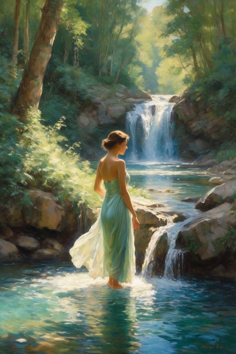 The painting depicts a serene scene of a woman bathing in a shimmering waterfall, her translucent garments clinging to her body as she bathes in the cool, crystal-clear water. The sunlight filters through the trees, creating a dappled effect on the cascading water and illuminating the woman's figure. The artist has captured a sense of tranquility and beauty in this peaceful moment, inviting the viewer to pause and appreciate the natural grace of the woman and the surrounding landscape. The colors are rich and vibrant, with the greens of the foliage and the blues of the water blending together in a harmonious symphony of nature's beauty.