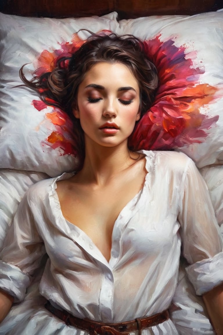 A very beautiful woman wearing an open-chested white shirt and sleeping on the bed blindfolded, with silk threads around her eyes. A sexy woman., centered, symmetry, painted, intricate, volumetric lighting, beautiful, rich deep colors masterpiece, sharp focus, ultra detailed, in the style of dan mumford and marc simonetti, astrophotography

, oil painting in style of tom bagshaw