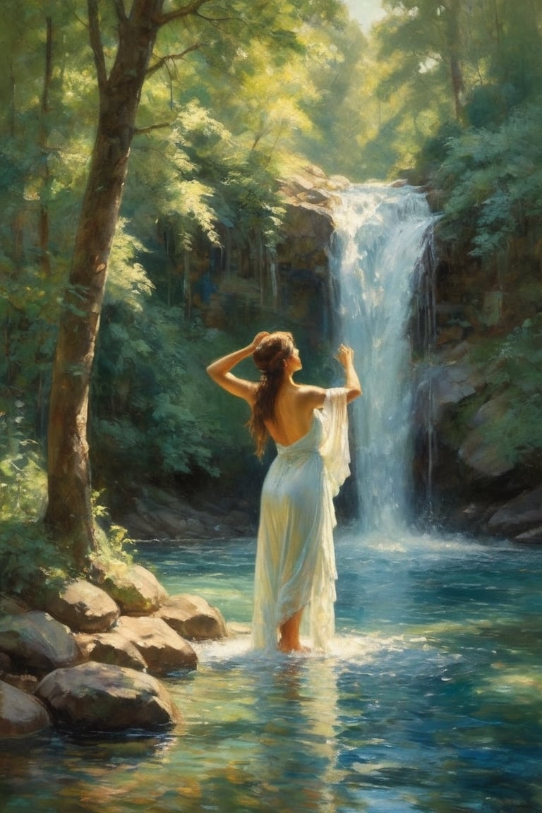 The painting depicts a serene scene of a woman bathing in a shimmering waterfall, her translucent garments clinging to her body as she bathes in the cool, crystal-clear water. The sunlight filters through the trees, creating a dappled effect on the cascading water and illuminating the woman's figure. The artist has captured a sense of tranquility and beauty in this peaceful moment, inviting the viewer to pause and appreciate the natural grace of the woman and the surrounding landscape. The colors are rich and vibrant, with the greens of the foliage and the blues of the water blending together in a harmonious symphony of nature's beauty.