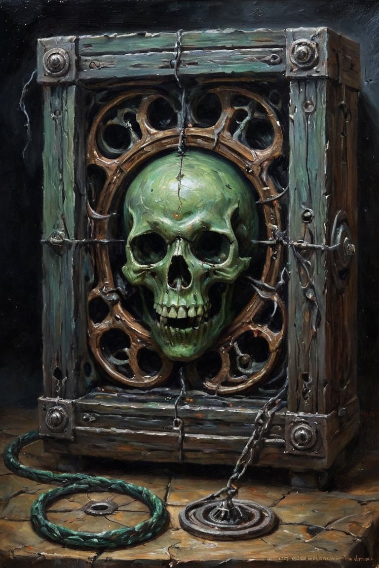 Horror-themed oil painting depicting an ancient eldritch device that rips reality apart to let unspeakable horrors seep into out reality. . Eerie, unsettling, dark, spooky, suspenseful, grim, highly detailed