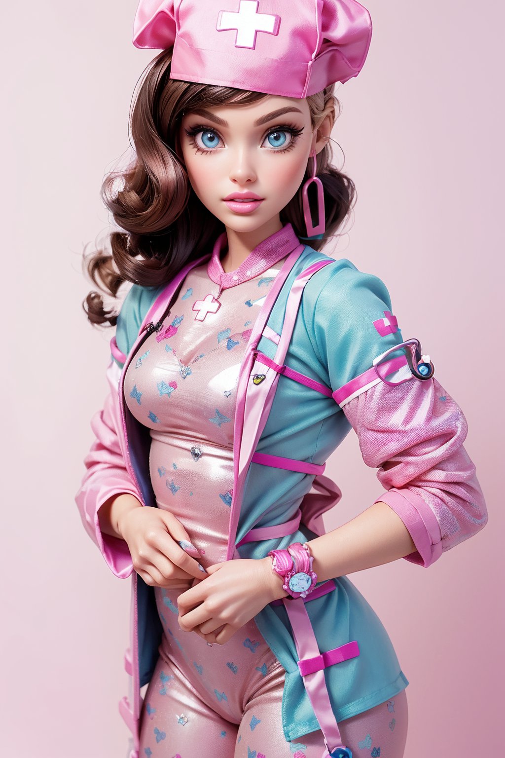 Ultra high resolution, high resolution, (masterpiece: 1.4), hyper-detail, 1girl, inboxDollPlaySetQuiron style, full body , no humans , doll, toy, barbie, in a gift box, character print, middle length hair, blight blue eyes, (((wearing a detailed pink theme nurse outfit and matching accessories:1.5))), pink sparkles, sprinkles, barbie pink color theme, beautiful female barbie, full lips, parted_lips, heavy make-up, smoky eyes, detailed eyes, pretty face,3DMM,inboxDollPlaySetQuiron style,(gal dadot), wonder woman