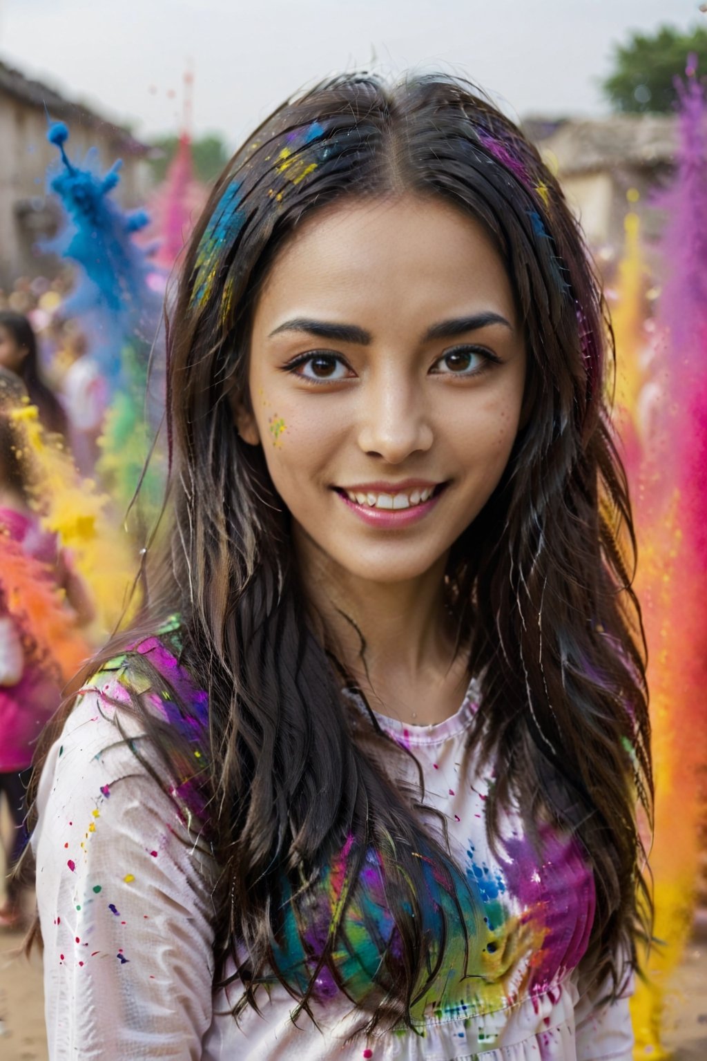 1girl, adult, long hair, looking at viewer, smile, black hair, dress, upper body, solo focus, grin, blurry, blurry background, hand in own hair, realistic, looking at viewer, paint splatter, playing Holi, realistic photograph ,holi festival , festive moment,  vibrancy of the colors,  joyous, splashes, colorful powder, festival, colors,photorealistic,see-through,more detail XL,FilmGirl,renny the insta girl