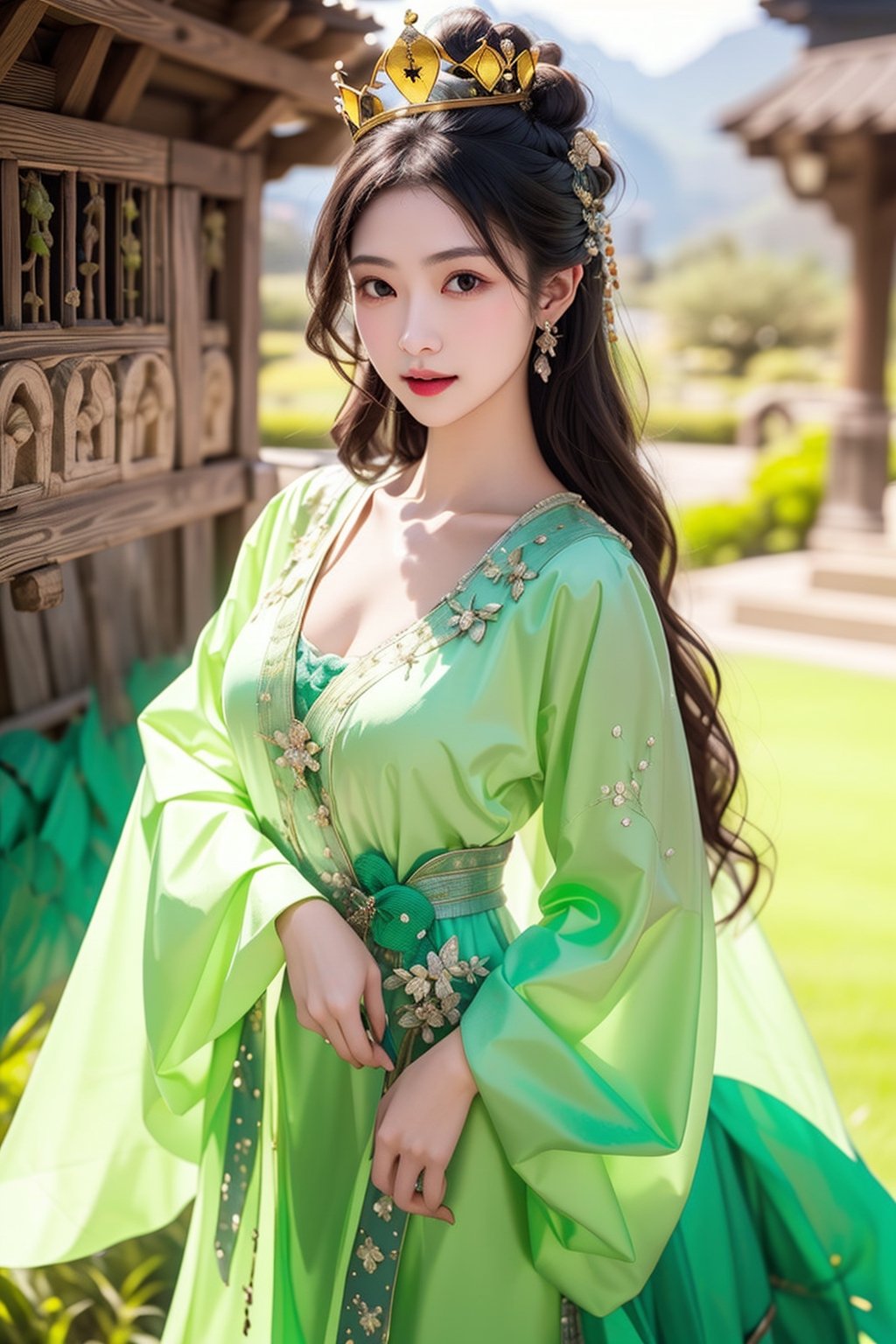 1girl, solo, long hair, breasts, looking at viewer, crown,green theme,ancient_beautiful