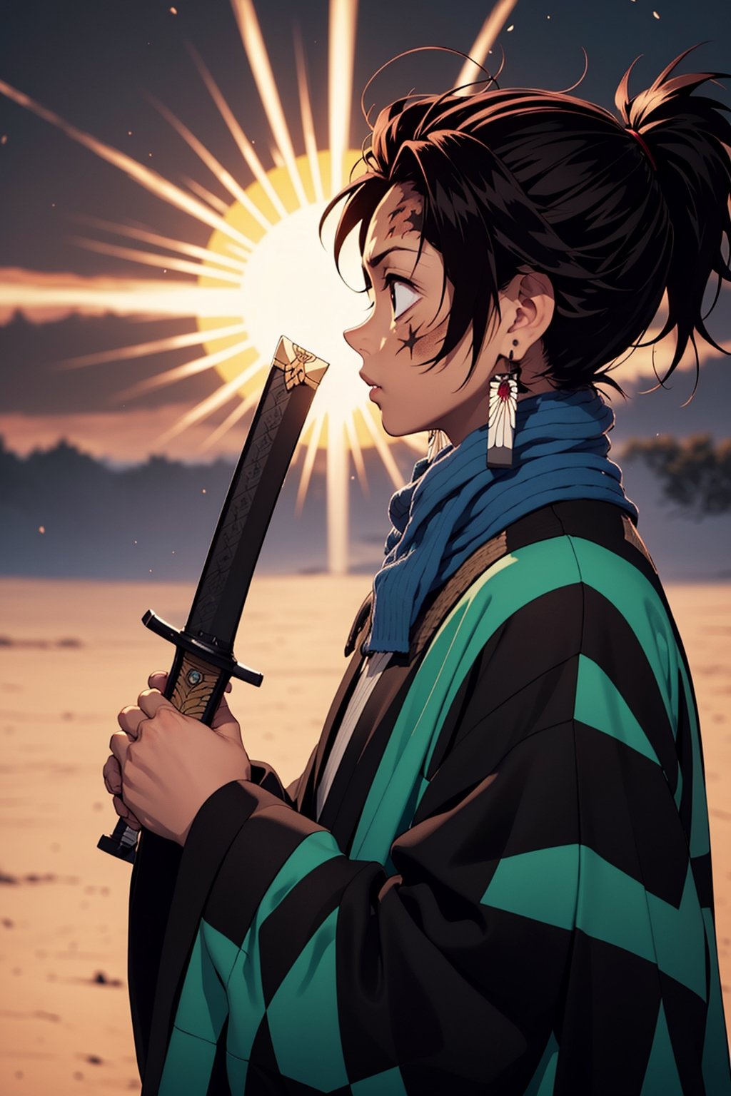 solo, long hair, black hair, long sleeves, 1boy, holding, jewelry, closed mouth, upper body, ponytail, weapon, male focus, earrings, japanese clothes, sword, wide sleeves, holding weapon, from side, profile, facial mark, smoke, sun, over shoulder, egasumi, sunburst, sunburst background