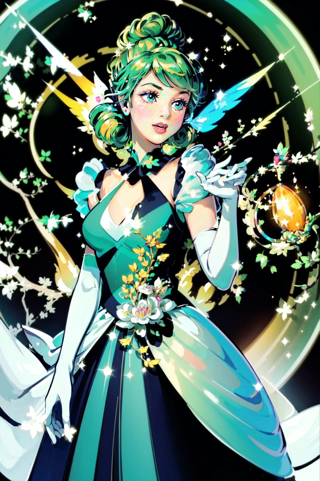 (masterpiece, best_quality, ultra-detailed, immaculate:1.3), epic, illustration, render, volumetric lighting, welcoming, Finger Lime entity, see-through gossamer, , in  Japan,  striped elbow gloves, neon green color scheme, multicolored hair, bombshell hair, rainbow hair, half updo,Blowout Curls, ,CinderellaWaifu