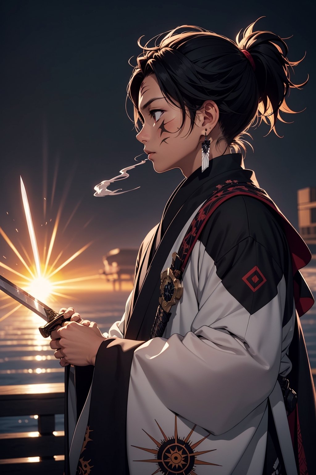 solo, long hair, black hair, long sleeves, 1boy, holding, jewelry, closed mouth, upper body, ponytail, weapon, male focus, earrings, japanese clothes, sword, wide sleeves, holding weapon, from side, profile, facial mark, smoke, sun, over shoulder, egasumi, sunburst, sunburst background