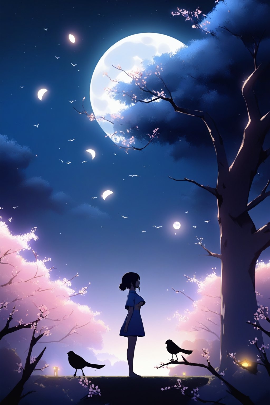 1girl, solo, black hair, dress, standing, flower, short sleeves, outdoors, sky, hair bun, from side, tree, profile, night, bird, moon, cherry blossoms, star \(sky\), night sky, scenery, full moon, branch,underboob