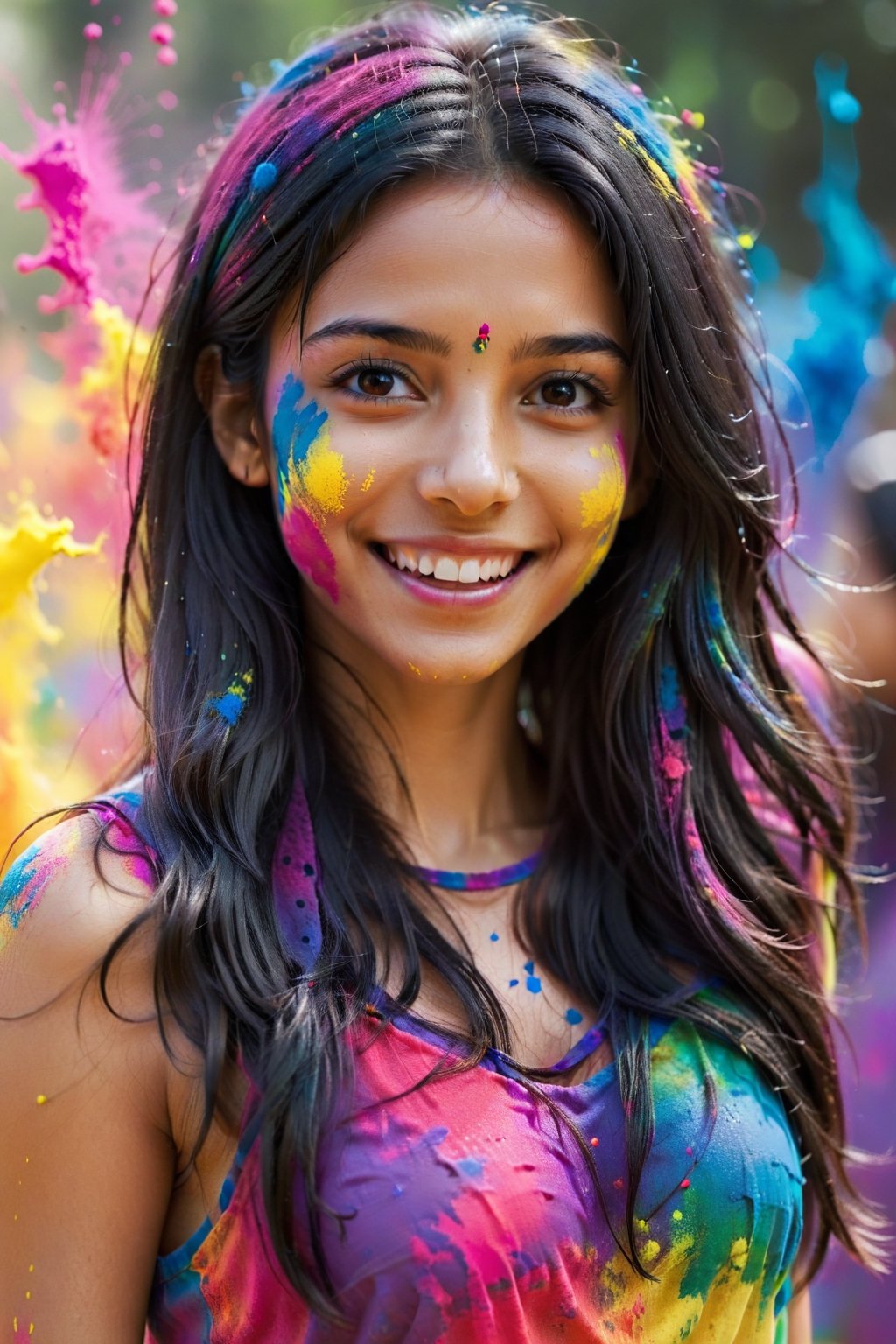 1girl, adult, long hair, looking at viewer, smile, black hair, dress, upper body, solo focus, grin, blurry, blurry background, hand in own hair, realistic, looking at viewer, paint splatter, playing Holi, realistic photograph, festive moment,  vibrancy of the colors,  joyous, splashes, colorful powder, festival, colors,photorealistic,see-through,more detail XL,FilmGirl