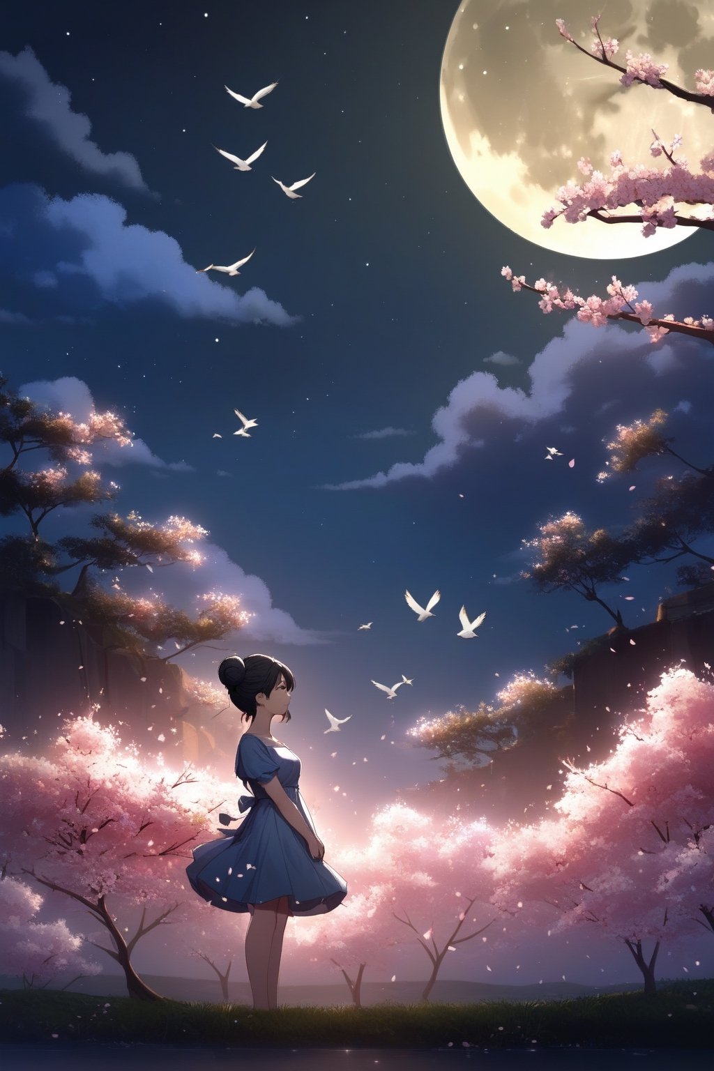 1girl, solo, black hair, dress, standing, flower, short sleeves, outdoors, sky, hair bun, from side, tree, profile, night, bird, moon, cherry blossoms, star \(sky\), night sky, scenery, full moon, branch