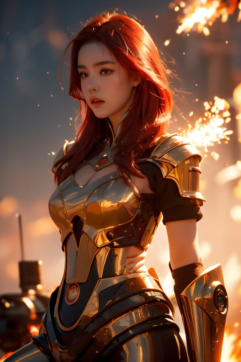 A red-haired girl in white sits on the shoulder of a large robot, in the style of fantasy, with an artstation background and epic lighting. The scene depicts a war with fire sparks flying around in close-up. --ar 73:128