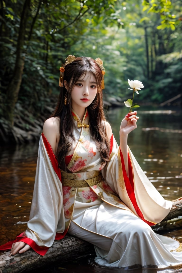 a white girl with long hair is sitting in the woods, holding a flower, in the style of realistic portraitures, traditional chinese, light red and light gold, elaborate costumes, hyper-realistic water, exaggerated facial features, lovely --ar 85:128