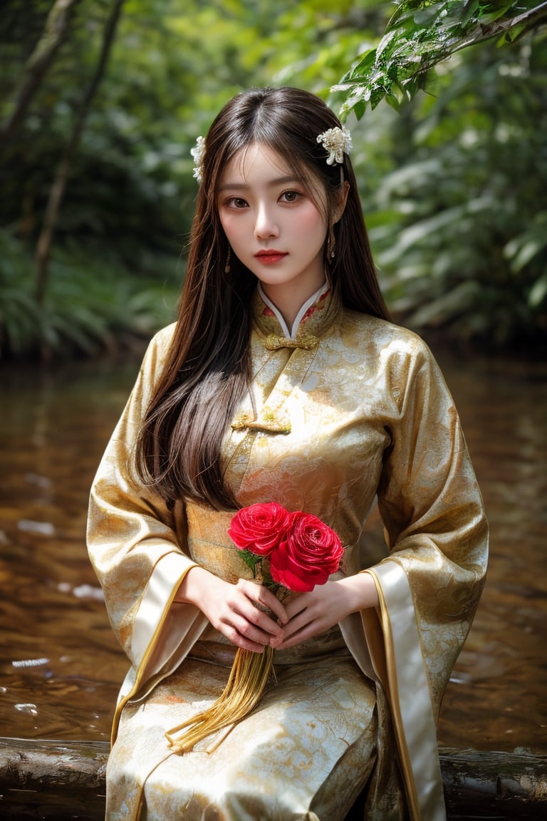 a white girl with long hair is sitting in the woods, holding a flower, in the style of realistic portraitures, traditional chinese, light red and light gold, elaborate costumes, hyper-realistic water, exaggerated facial features, lovely --ar 85:128