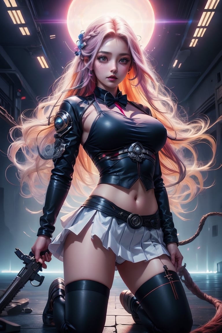 masterpiece, best quality, ultra realistic illustration, 16K, (HDR), high resolution, female_solo, (white long hair+braids:1.3) , slender hot body proportion , smiling at viewer, 1 Japanese girl with blue eyes , holding 1 machinegun , (wearing beautiful long white school uniform Skirt lifted high, no bra, nipples, revealing underwear +loose cropped haori+bow tie+pleated black mini skirt+stockings skirt+shoes:1.1), full-body shot, (legs apart+showing black panty) , (highly detailed background of ancient Japan buildings with cyberpunk style+neon lights:1.0),(pink +puple backing lighting, blue front lighting), add More Detail, Color magic,perfect fingers, girl, samurai, jp_school_uniform, a traditional Japanese art 