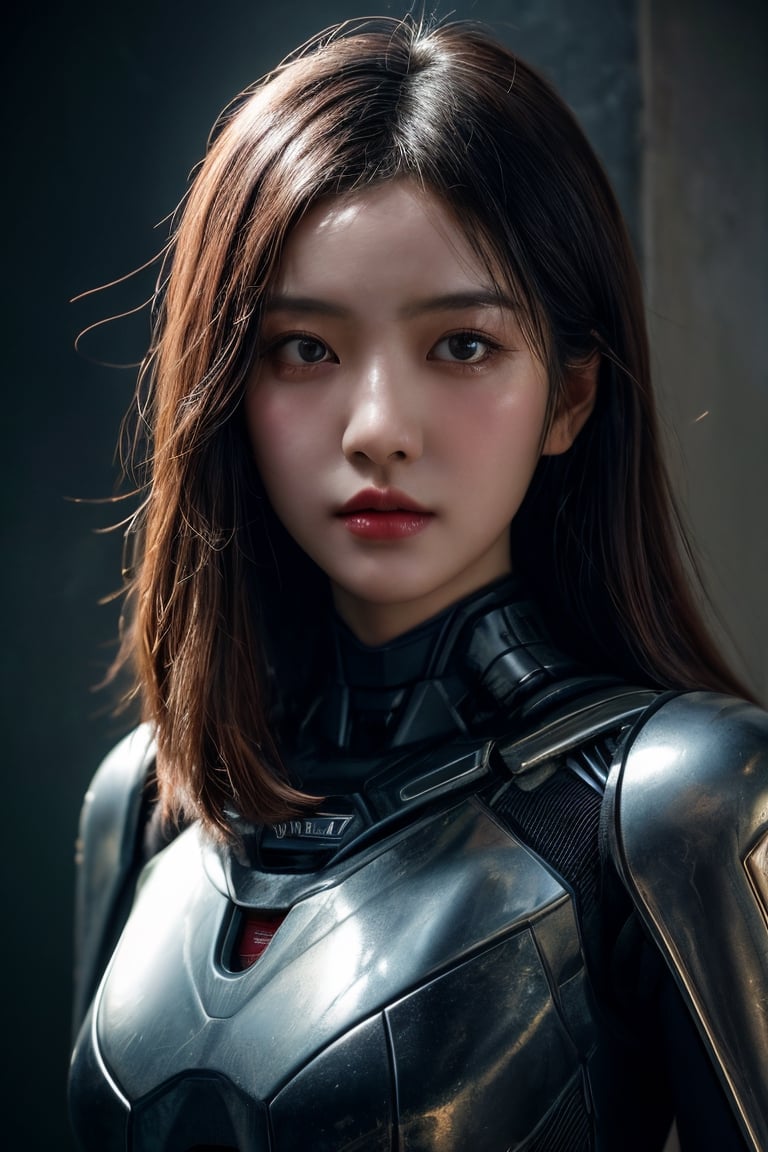 an image of an asian woman with a metal suit, in the style of octane render, joel robison, edward robert hughes, robotics kids, intense gaze, reylia slaby, light white and dark azure --ar 32:25