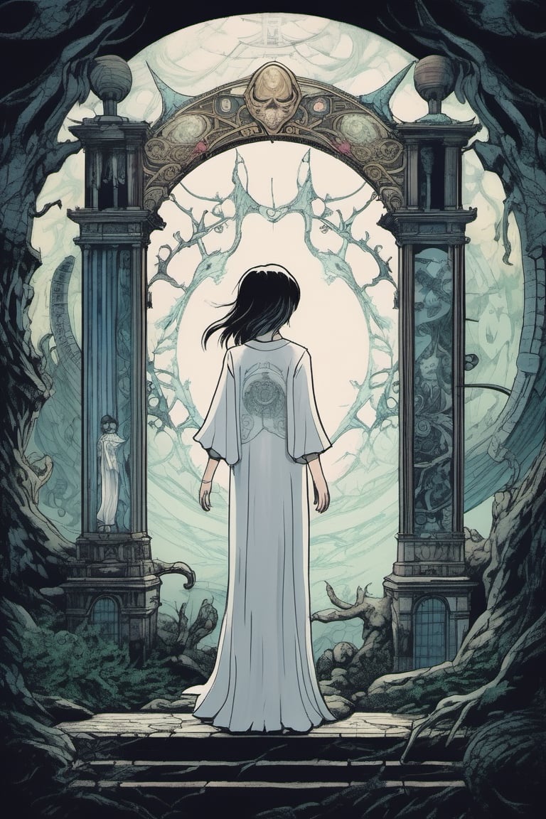 a dreamlike depiction of facing your fears, (1 young white boy , 1 Japanese girl), dark hair, holding hands, looking_at_viewer , exploring a dark fantasy forest and ancient magical ruins, ancient trees, hidden monsters, tentacles, creepy, dreamscape, bizarre hallucinations, dreampunk, ghosts, monsters, tarot art, best quality, full body portrait, beautiful, perfect detail, ornate, rule of thirds,Tarot Card Style,