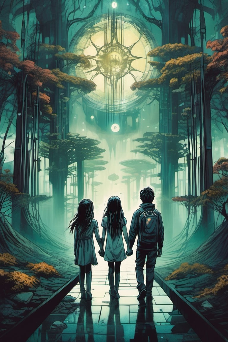 a dreamlike depiction of facing your fears, (1 young boy , 1 girl), dark hair, holding hands, walking away from camera, exploring a mix of dark fantasy forest and futuristic city, ancient trees, hidden monsters, tentacles, creepy, dreamscape, bizarre hallucinations, dreampunk, ghosts, monsters, tarot art, best quality, full body portrait, beautiful, perfect detail, ornate, rule of thirds,Tarot Card Style,