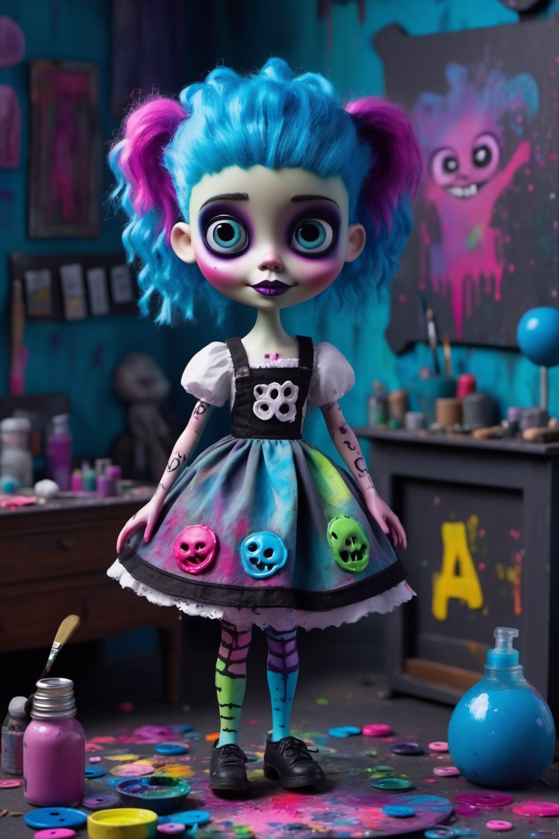 Hyper-realistic, Cinematic Render, rim light, film grain, high texture, (creepy stop motion movie, Tim Burton style) , full body portrait, young, tiny, very short, ((very cute)) Frankenstein monster girl, chibi, (light blue skin), black and magenta hair, creepy patchwork cloth dress, cut out cloth patches and (big neon stitches) , colorful buttons, high texture, splashes of colourful paint on dress and hands, (the letters "TA" on the dress) , very large blue eyes, (holding a ((large paintbrush)) and paint palette), strange oil painting in background, messy pigtails, magenta and blue hair, heavy makeup, cute smile, mischievous smile , creepy smile, muted colours, inspired by Paranorman movie ,3d style, high depth of field, 