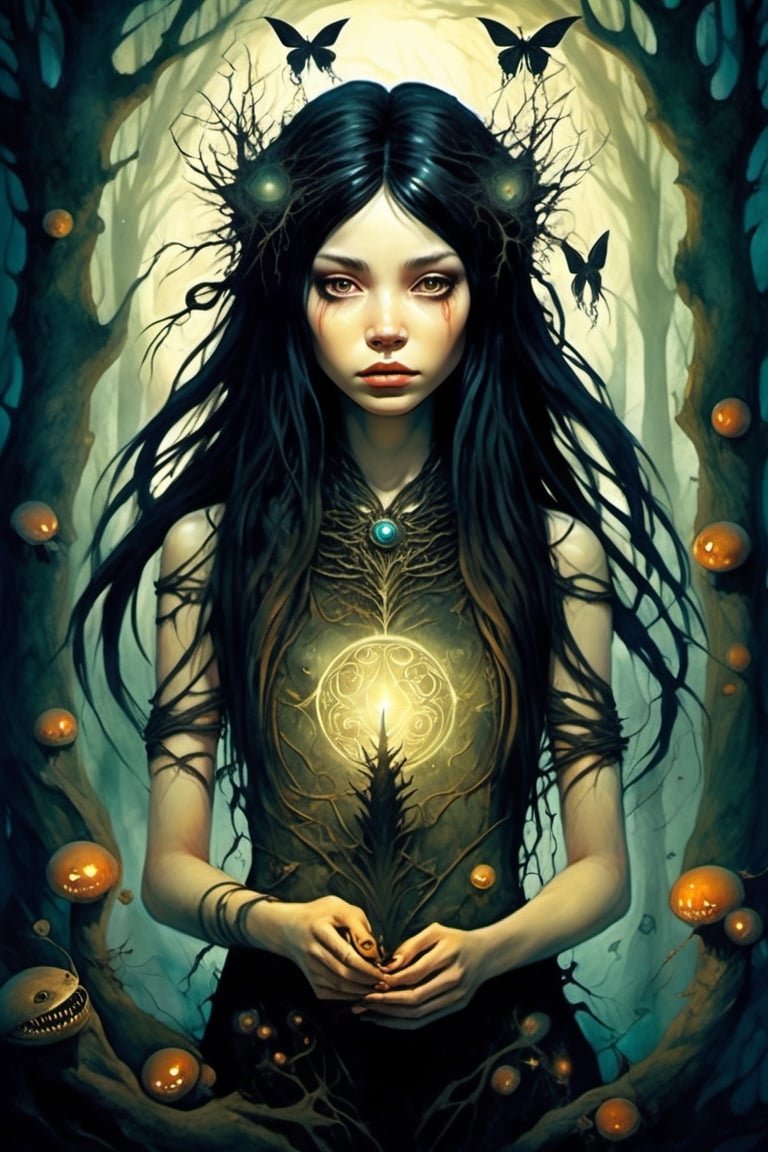 a dreamlike depiction of facing your fears, (1 very young native girl, black hair)  looking_at_viewer , exploring a dark fantasy forest and ancient magical ruins, ancient gnarled trees, ((trees have faces)) , (creepy art) , glowing magic runes in hands, underlit, dreamscape, bizarre hallucinations, dreampunk, ghosts, monsters, tarot art, best quality, full body portrait, beautiful, perfect detail, ornate, rule of thirds,Tarot Card Style, ornate border, (Brian Froud), hidden creatures, pixies, dark fairies, (snakes), muted colours, close up, perfect eyes, ornate border, 