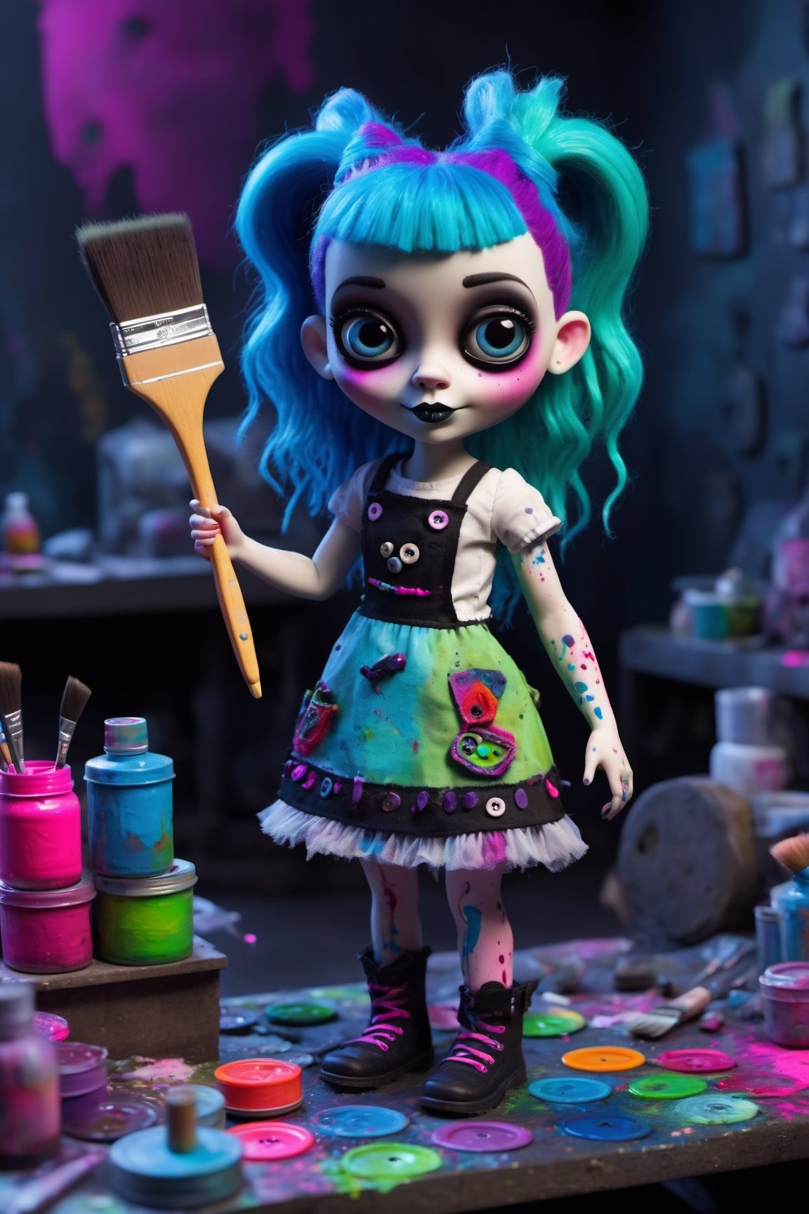 Hyper-realistic, Cinematic Render, creepy stop motion movie, Tim Burton style, full body portrait, young, tiny, very short, ((very cute)) Frankenstein monster girl, chibi, (light blue skin), black and magenta hair, creepy patchwork cloth dress, cut out cloth patches and (big neon stitches) , colorful buttons, high texture, splashes of colourful paint on dress and hands, (the letters "TA" on the dress) , very large blue eyes, (holding a ((large paintbrush)) and paint palette), strange oil painting in background, messy pigtails, magenta and blue hair, heavy makeup, cute smile, mischievous smile , creepy smile, muted colours, inspired by Paranorman movie ,3d style, high depth of field, 