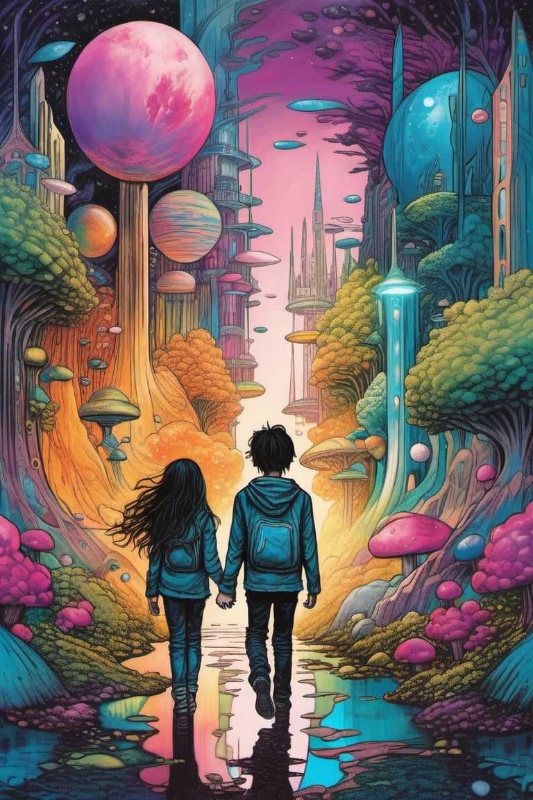 a dreamlike depiction of the essence of exploration, (1 young boy , 1 girl), dark hair, holding hands, walking away from camera, exploring a mix of fantasy forest on the left and futuristic city on the right, dreamscape, bizarre hallucinations, dreampunk, ghosts, tarot art, best quality, full body portrait, beautiful, perfect detail, ornate, rule of thirds,Tarot Card Style,