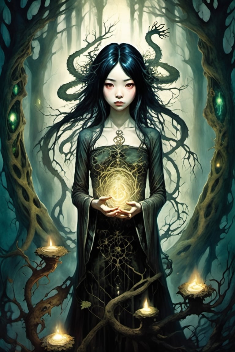 a dreamlike depiction of facing your fears, (1 very young Japanese girl, black hair)  looking_at_viewer , exploring a dark fantasy forest and ancient magical ruins, ancient gnarled trees, ((trees have faces)) , (creepy art) , glowing magic runes in hands, underlit, dreamscape, bizarre hallucinations, dreampunk, ghosts, monsters, tarot art, best quality, full body portrait, beautiful, perfect detail, ornate, rule of thirds,Tarot Card Style, ornate border, (Brian Froud), hidden creatures, pixies, dark fairies, (snakes), muted colours, close up, perfect eyes, ornate border, NSFW, taking off clothes, breasts, 