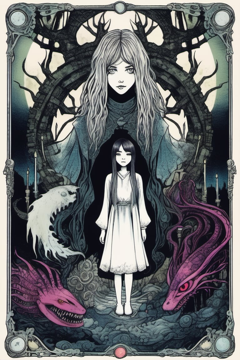 a dreamlike depiction of facing your fears, (1 young white boy , 1 Japanese girl), dark hair, holding hands, looking_at_viewer , exploring a dark fantasy forest and ancient magical ruins, ancient trees, hidden monsters, tentacles, creepy, dreamscape, bizarre hallucinations, dreampunk, ghosts, monsters, tarot art, best quality, full body portrait, beautiful, perfect detail, ornate, rule of thirds,Tarot Card Style,