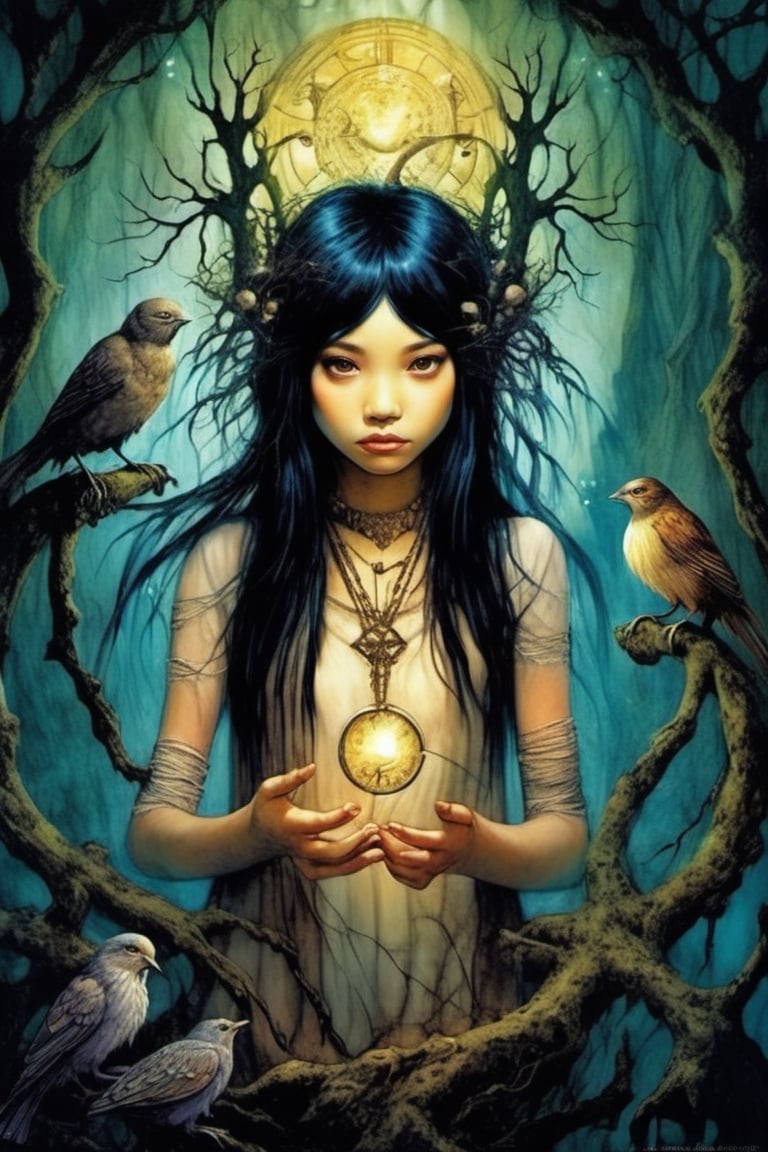 a dreamlike depiction of facing your fears, (1 very young indigenous girl, black hair)  looking_at_viewer , exploring a dark fantasy forest and ancient magical ruins, ancient gnarled trees, hidden faces in trees, (creepy art) , glowing magic circles in hands, underlit, dreamscape, bizarre hallucinations, dreampunk, ghosts, monsters, tarot art, best quality, full body portrait, beautiful, perfect detail, ornate, rule of thirds,Tarot Card Style, ornate border, Brian Froud, hidden creatures, pixies, brownies, (bird creatures), muted colours, close up, perfecteyes