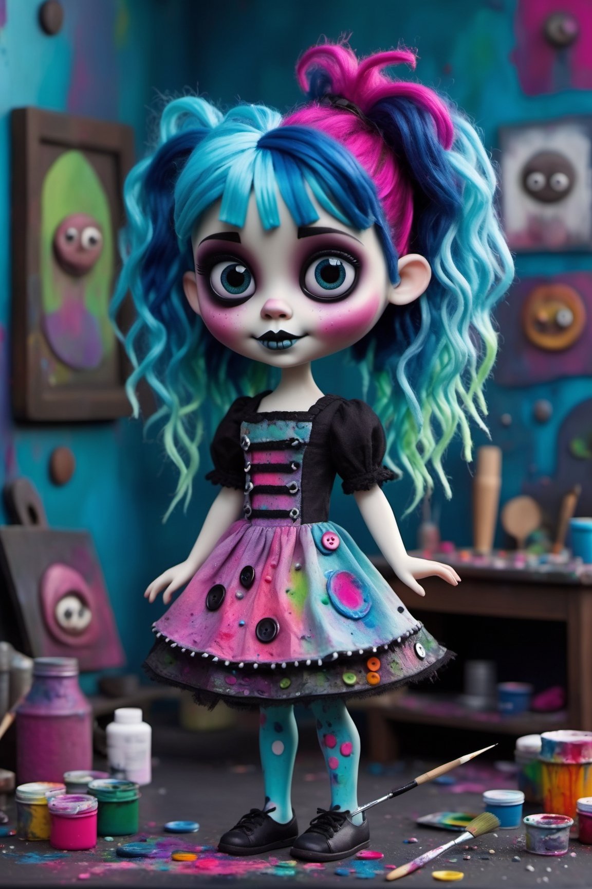 Hyper-realistic, Cinematic Render, creepy stop motion movie, Tim Burton style, full body portrait, young, tiny, very short, ((very cute)) Frankenstein monster girl, chibi, (light blue skin), black and magenta hair, creepy patchwork cloth dress, cut out cloth patches and big stitches, colorful buttons, high texture, splashes of colourful paint on dress and hands, (the letters "TA" on the dress) , very large blue eyes, (holding a ((large paintbrush)) and paint palette), strange oil painting in background, messy pigtails, magenta and blue hair, heavy makeup, cute smile, mischievous smile , creepy smile, muted colours, inspired by Paranorman movie ,3d style, high depth of field, 