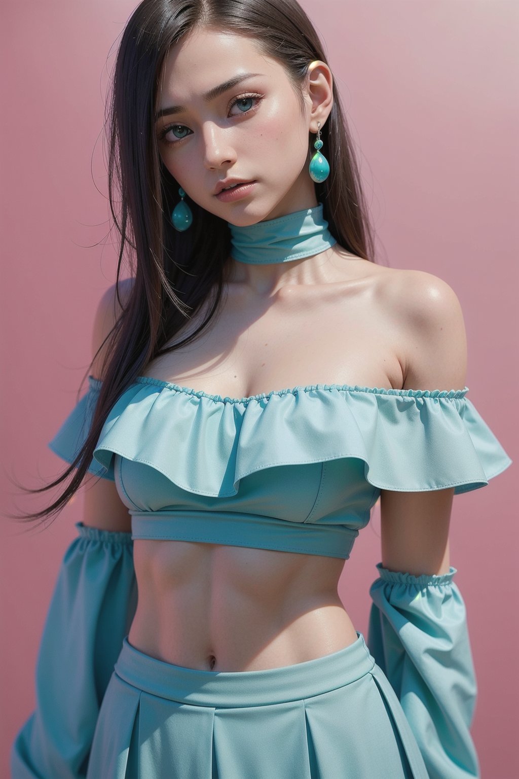 androgynous human, photograph, oval jaw, delicate features, beautiful face, light blue-green eyes, asian girl, off shoulder top, red_dress, show shoulders, looking at viewer, facing straight the camera, outsides, light pink nipple groove, gradient_background, full-body_portrait, show skirt